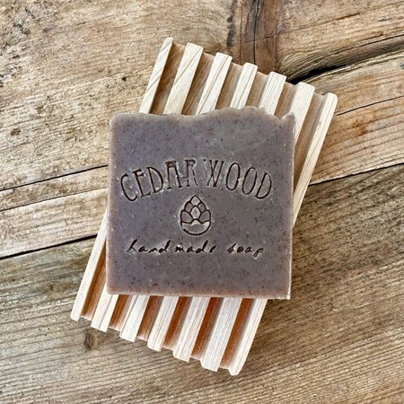 Lavender Hemp handmade soap bar on wood dish