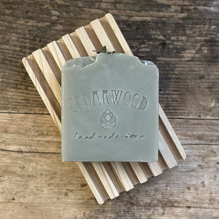 Lavender sage handmade soap on wood soap dish