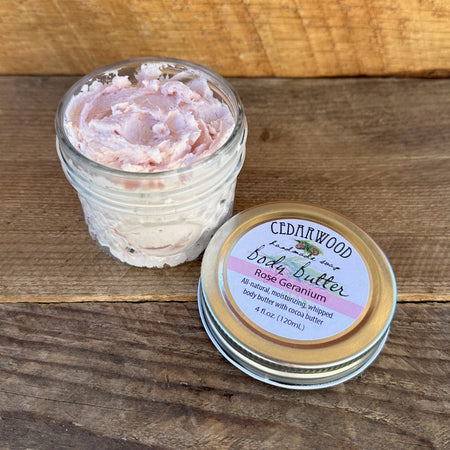 Rose Geranium whipped body butter in glass jar