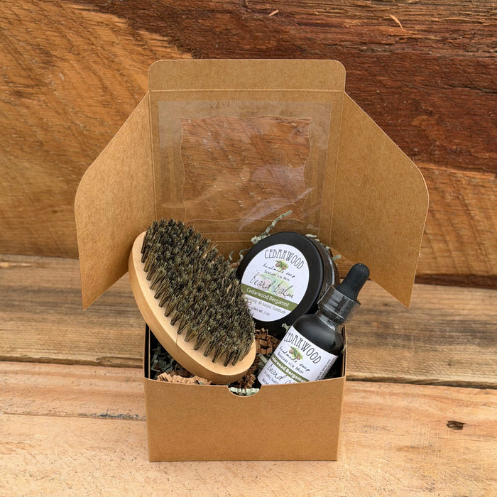 Men’s beard care gift set in kraft paper gift box with brush, beard balm and beard oil