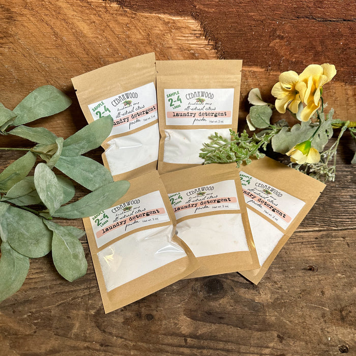 Five sample bags of homemade citrus laundry powder