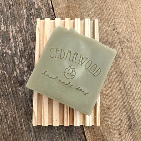 Handmade Eucalyptus Spearmint soap on wood soap dish 