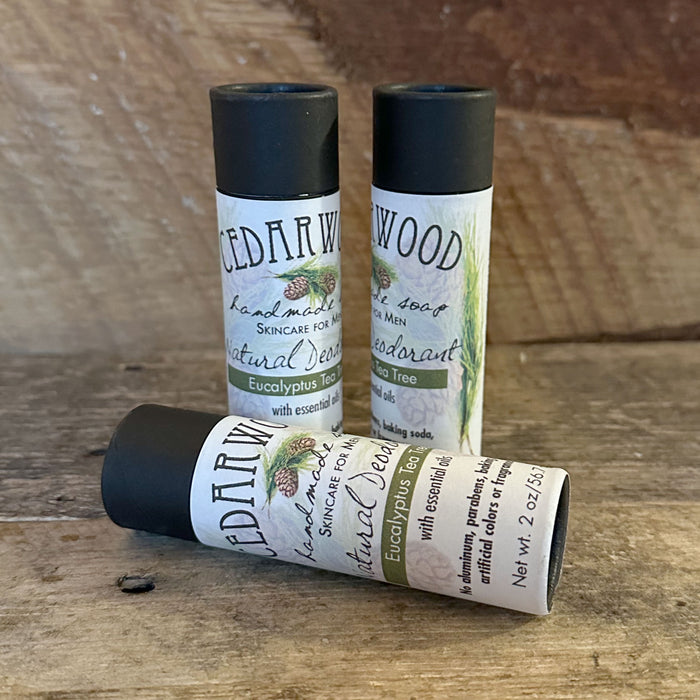 Three kraft paper tubes of Eucalyptus Tea Tree-scented natural deodorant